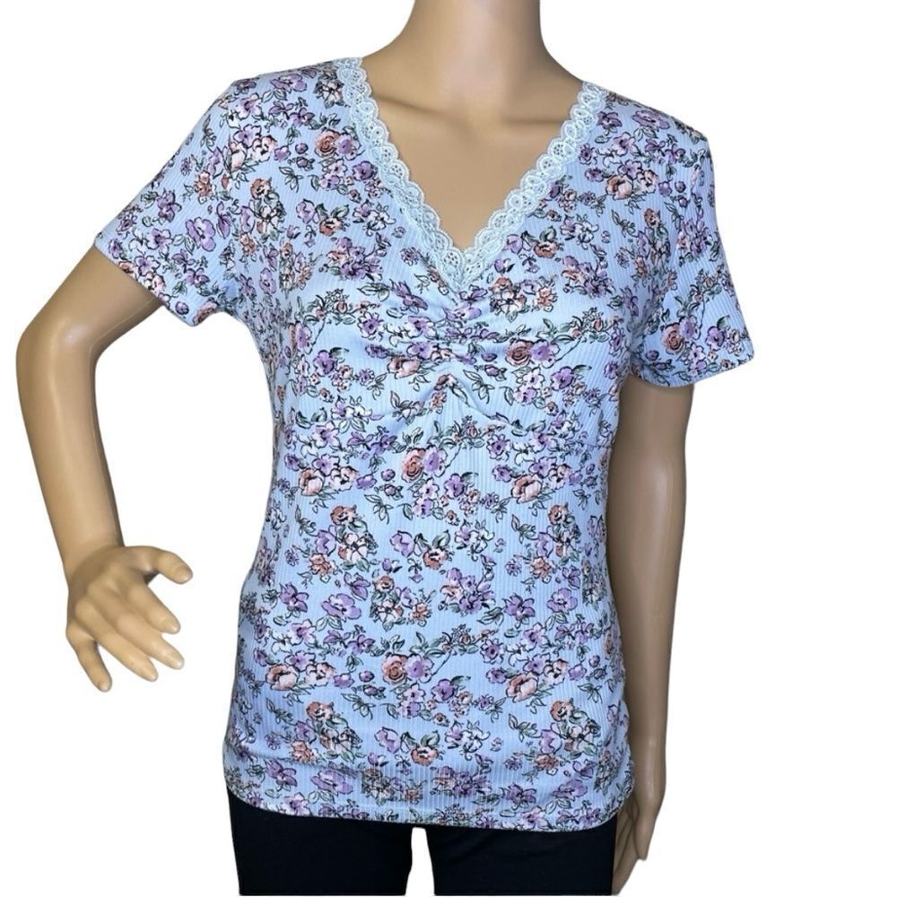 Wild Love Short Sleeve Stretchy Lightly Ribbed Floral Blouse Blue Size XL